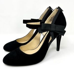 🆕 Nine West Women's 10 Black Suede Leather Heel Ankle Strap Grosgrain Bow Pump
